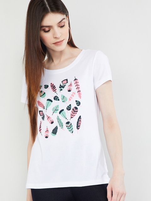 

max Women White Printed Round Neck T-shirt