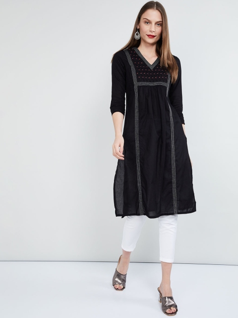 

max Women Black & White Yoke Design Straight Kurta