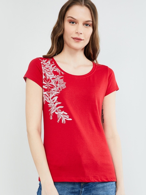 

max Women Red Printed Round Neck T-shirt