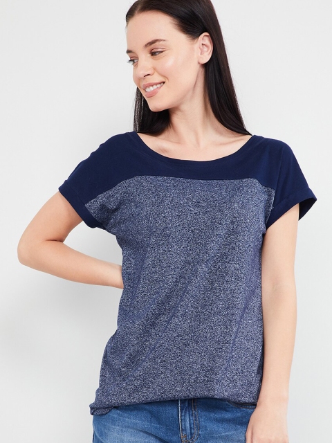 

max Women Navy Blue Printed Round Neck T-shirt
