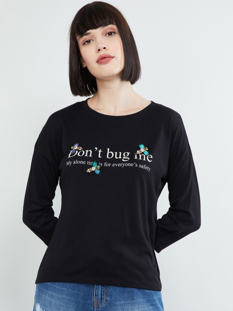 

max Women Black Printed Round Neck T-shirt