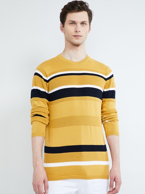 

max Men Yellow Striped Round Neck T-shirt