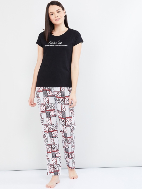 

max Women Black & Maroon Printed Night suit