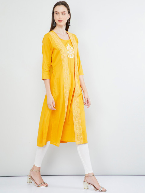 

max Women Yellow Printed Layered A-Line Kurta