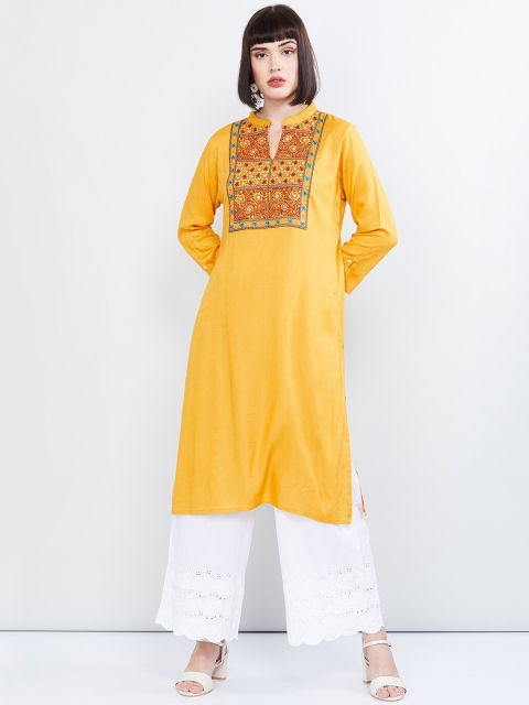 

max Women Mustard Yellow & Red Embroidered Straight Kurta