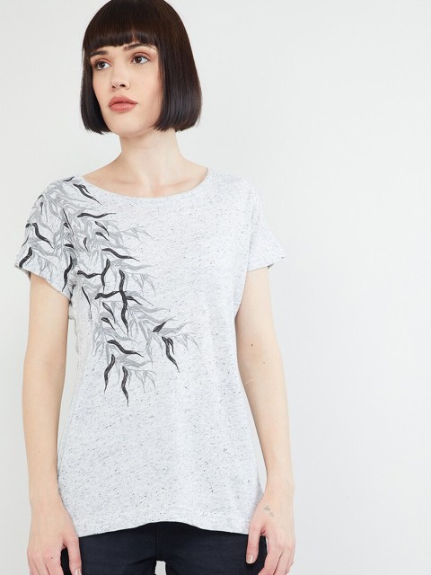 

max Women Grey Printed Round Neck T-shirt