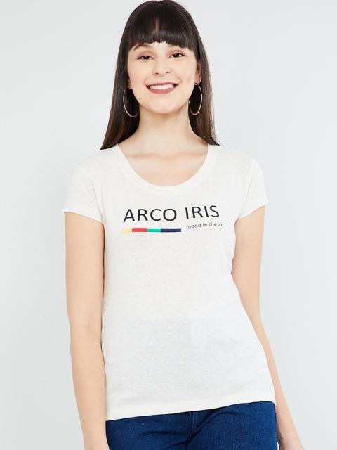 

max Women Beige Printed Round Neck T-shirt