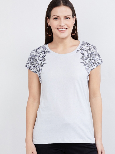 

max Women Grey Floral Printed Round Neck T-shirt