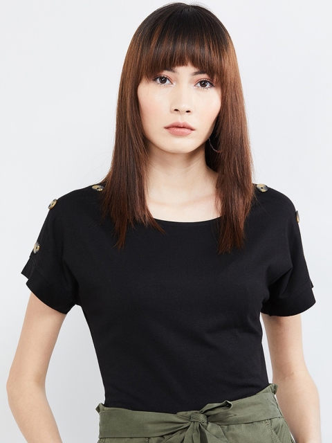

max Women Black Solid Round Neck T-shirt