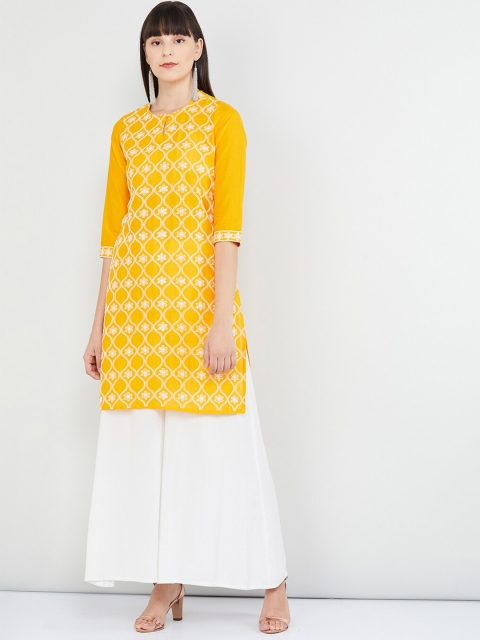 

max Women Yellow & White Embroidered Straight Kurta