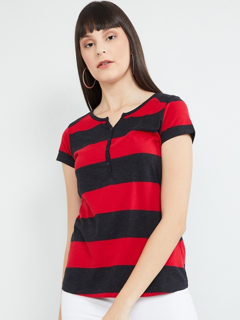 

max Women Red Striped Henley Neck T-shirt