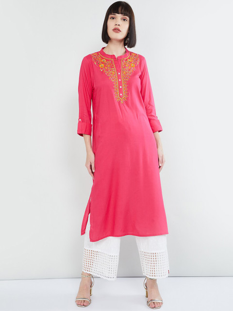 

max Women Pink Embroidered Straight Kurta