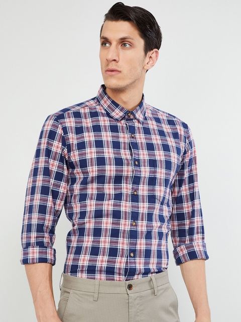 

max Men Pink & Navy Blue Slim Fit Checked Casual Shirt