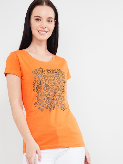 

max Women Orange Printed Round Neck T-shirt