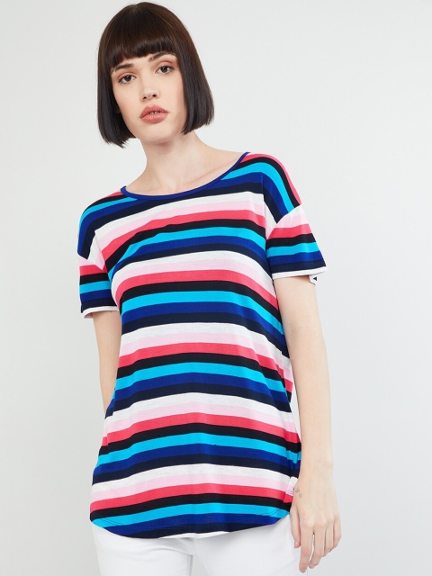 

max Women Blue Striped Round Neck T-shirt