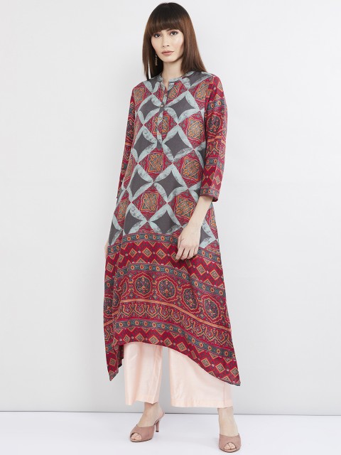 

max Women Red & Blue Printed A-Line Kurta
