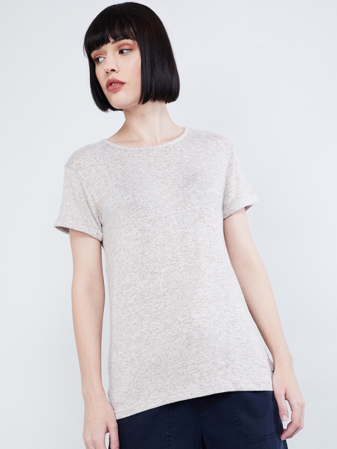 

max Women Beige Solid Round Neck T-shirt