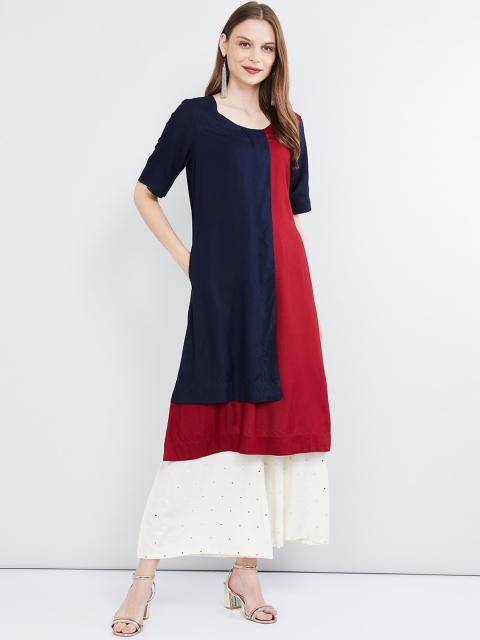 

max Women Red & Navy Blue Colourblocked A-Line Kurta