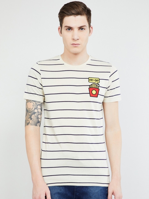 

max Men Cream-Coloured Striped Round Neck T-shirt