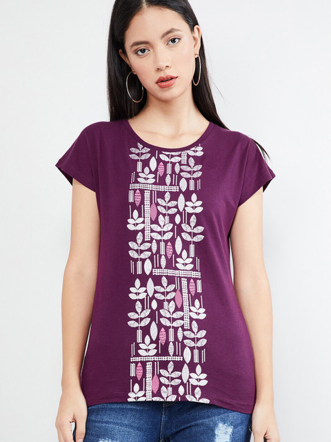 

max Women Purple Printed Round Neck T-shirt