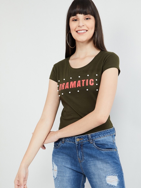 max Women Olive Green Printed Round Neck T-shirt