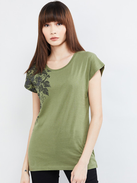 

max Women Olive Green Printed Pure Cotton Top