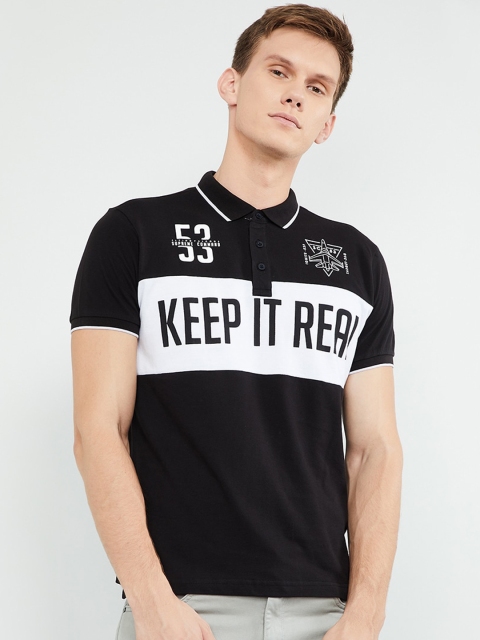 

max Men Black & White Printed Polo Collar T-shirt
