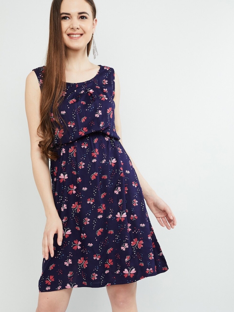 

max Women Navy Blue Printed Fit and Flare Dress