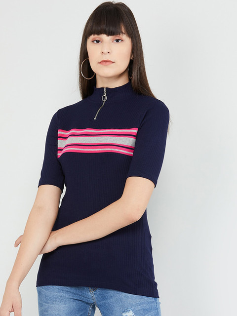 

max Women Navy Blue Solid Polo Collar T-shirt