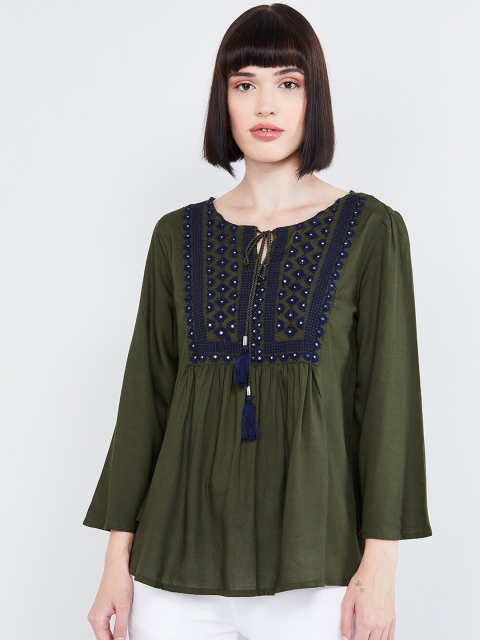 max Women Olive Green Embroidered Tube Top