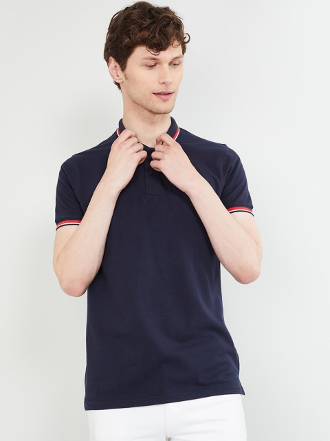 max Men Blue Slim Fit Solid Polo Collar T-shirt