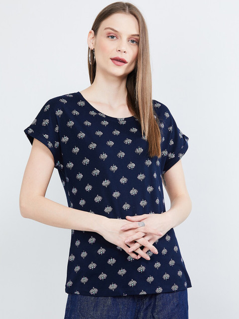 

max Women Navy Blue Printed Round Neck T-shirt