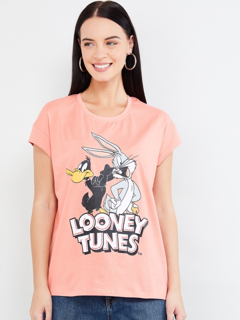 

max Women Coral Pink Printed Round Neck T-shirt