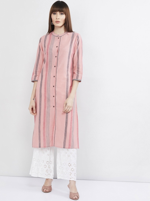 

max Women Pink & Grey Striped Straight Kurta