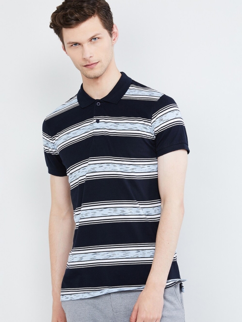 

max Men Blue Striped Polo Collar T-shirt