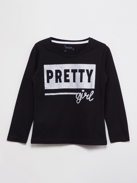

max Girls Black Printed Round Neck T-shirt