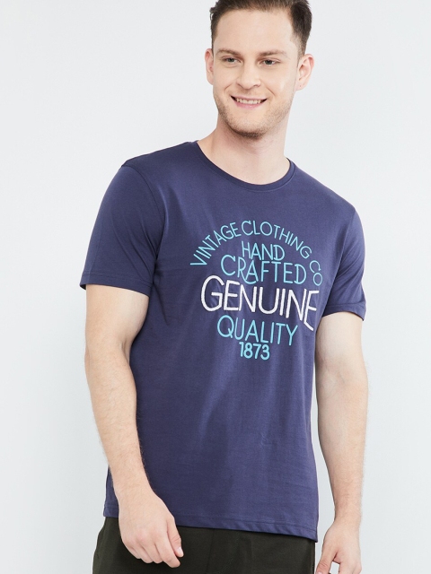 

max Men Navy Blue Printed Round Neck T-shirt