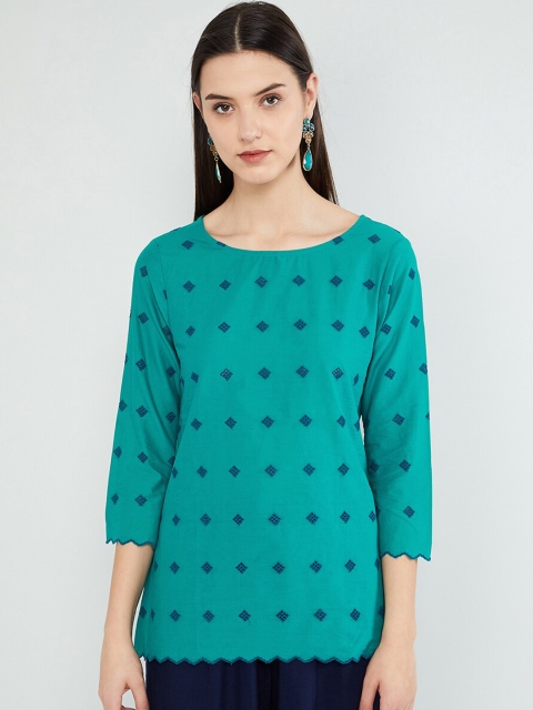 

max Women Teal Green & Blue Embroidered Straight Kurti
