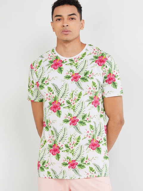 

max Men Pink & White Floral Print Round Neck T-shirt