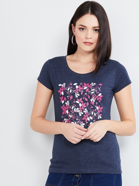 

max Women Navy Blue & Pink Floral Print Round Neck T-shirt