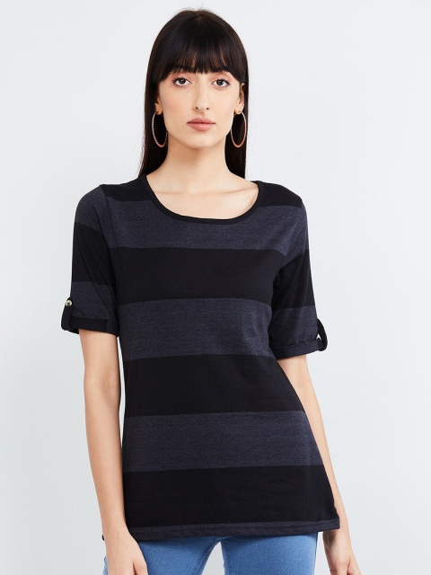 

max Women Charcoal Grey Striped Round Neck T-shirt