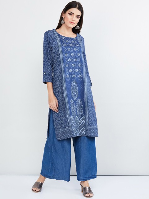 

max Women Blue Printed Straight Kurta