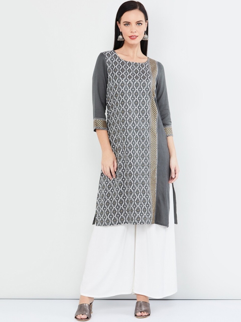 

max Women Grey & White Printed Straight Kurta
