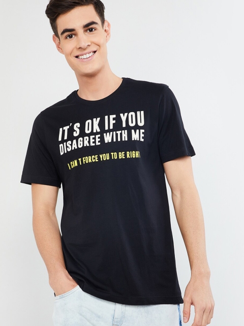 

max Men Black Printed Round Neck T-shirt