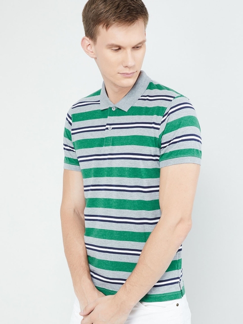 

max Men Green & Grey Striped Polo Collar T-shirt
