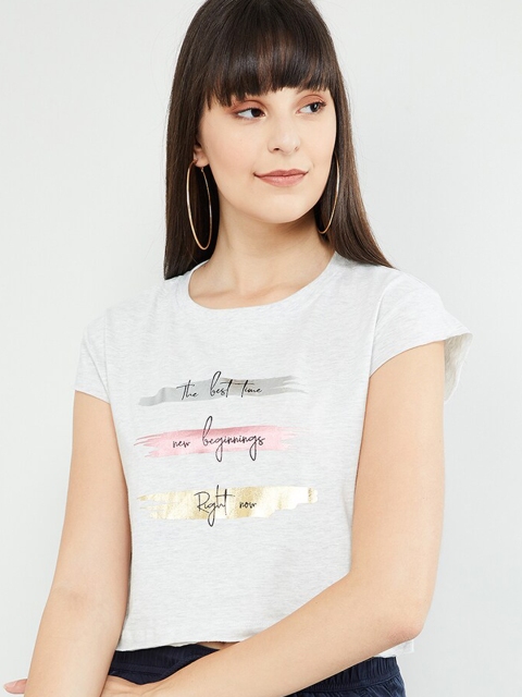 

max Women Grey Printed Round Neck T-shirt