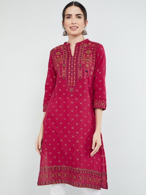 

max Women Pink & Gold-Toned Printed Straight Kurta