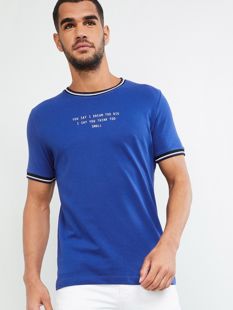 

max Men Blue Printed Round Neck T-shirt