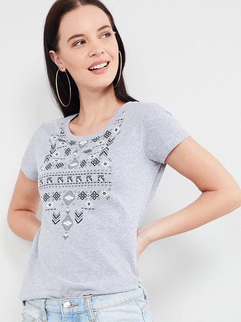 

max Women Grey Printed Round Neck T-shirt