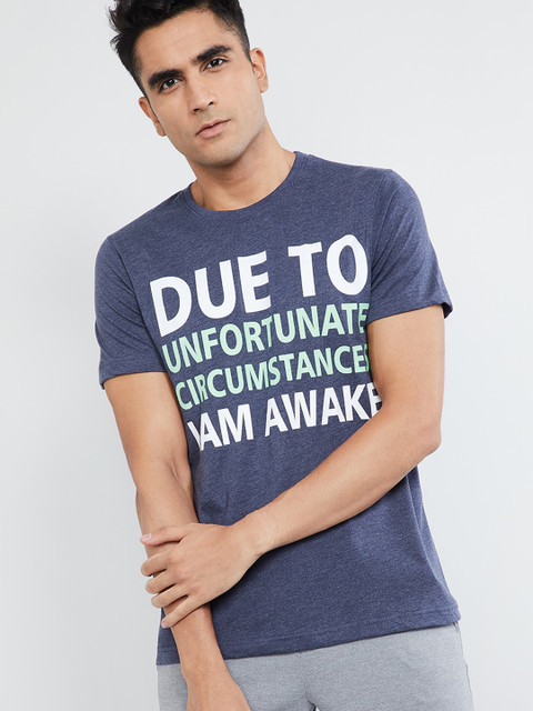 

max Men Blue Printed Round Neck T-shirt